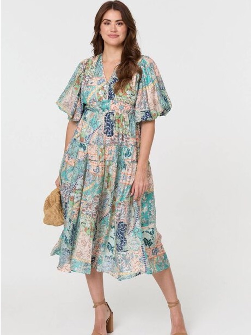 New Umgee Patchwork Puff Sleeve Midi Dress